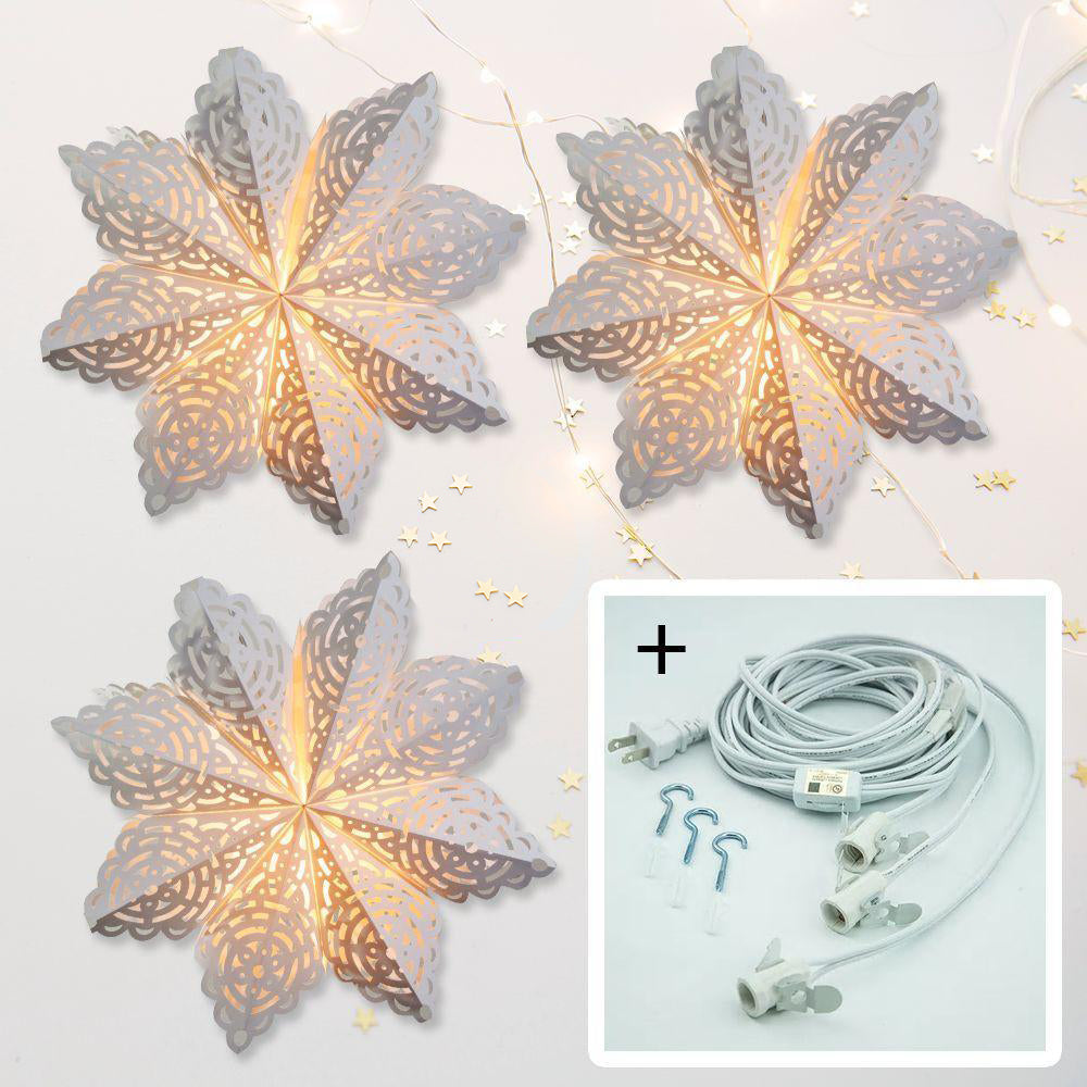 3-PACK + Cord | White Winter Frost 24&quot; Pizzelle Designer Illuminated Paper Star Lanterns and Lamp Cord Hanging Decorations - PaperLanternStore.com - Paper Lanterns, Decor, Party Lights &amp; More
