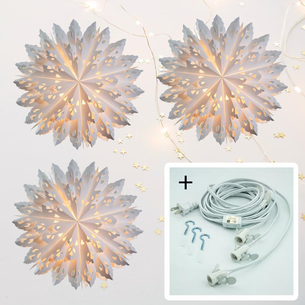 3-PACK + Cord | White Winter Wreath 32&quot; Pizzelle Designer Illuminated Paper Star Lanterns and Lamp Cord Hanging Decorations - PaperLanternStore.com - Paper Lanterns, Decor, Party Lights &amp; More