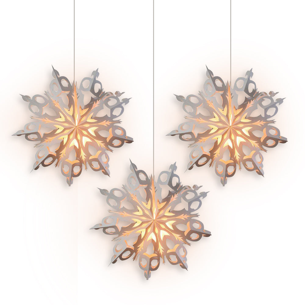 3-PACK + Cord | White Winter Frozen 24&quot; Pizzelle Designer Illuminated Paper Star Lanterns and Lamp Cord Hanging Decorations - PaperLanternStore.com - Paper Lanterns, Decor, Party Lights &amp; More