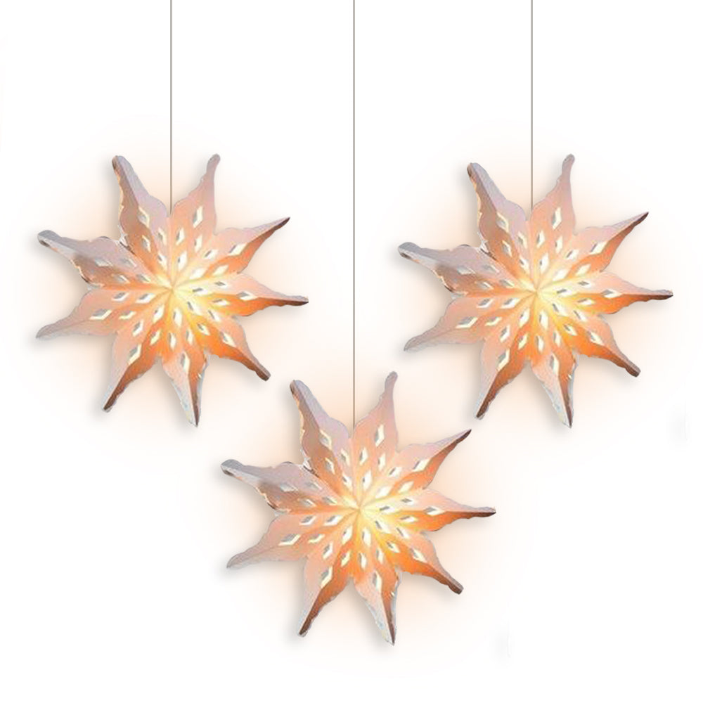 3-PACK + Cord | White Winter Diamond 27&quot; Pizzelle Designer Illuminated Paper Star Lanterns and Lamp Cord Hanging Decorations - PaperLanternStore.com - Paper Lanterns, Decor, Party Lights &amp; More