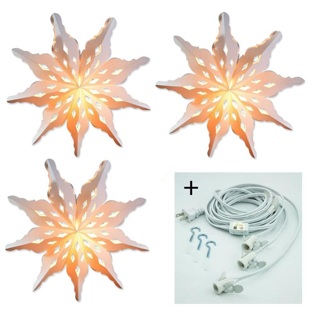 3-PACK + Cord | White Winter Diamond 27" Pizzelle Designer Illuminated Paper Star Lanterns and Lamp Cord Hanging Decorations - PaperLanternStore.com - Paper Lanterns, Decor, Party Lights & More