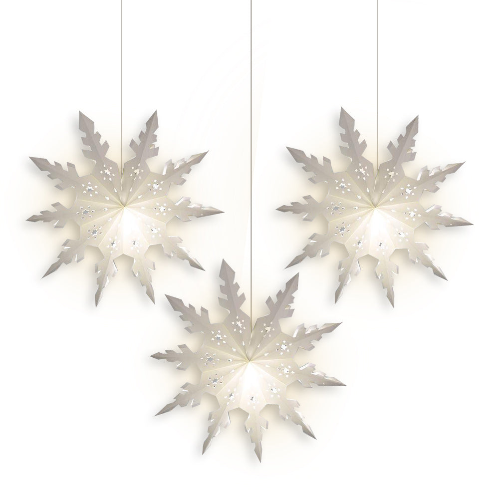 3-PACK + Cord | White Winter Peppermint 24&quot; Pizzelle Designer Illuminated Paper Star Lanterns and Lamp Cord Hanging Decorations - PaperLanternStore.com - Paper Lanterns, Decor, Party Lights &amp; More
