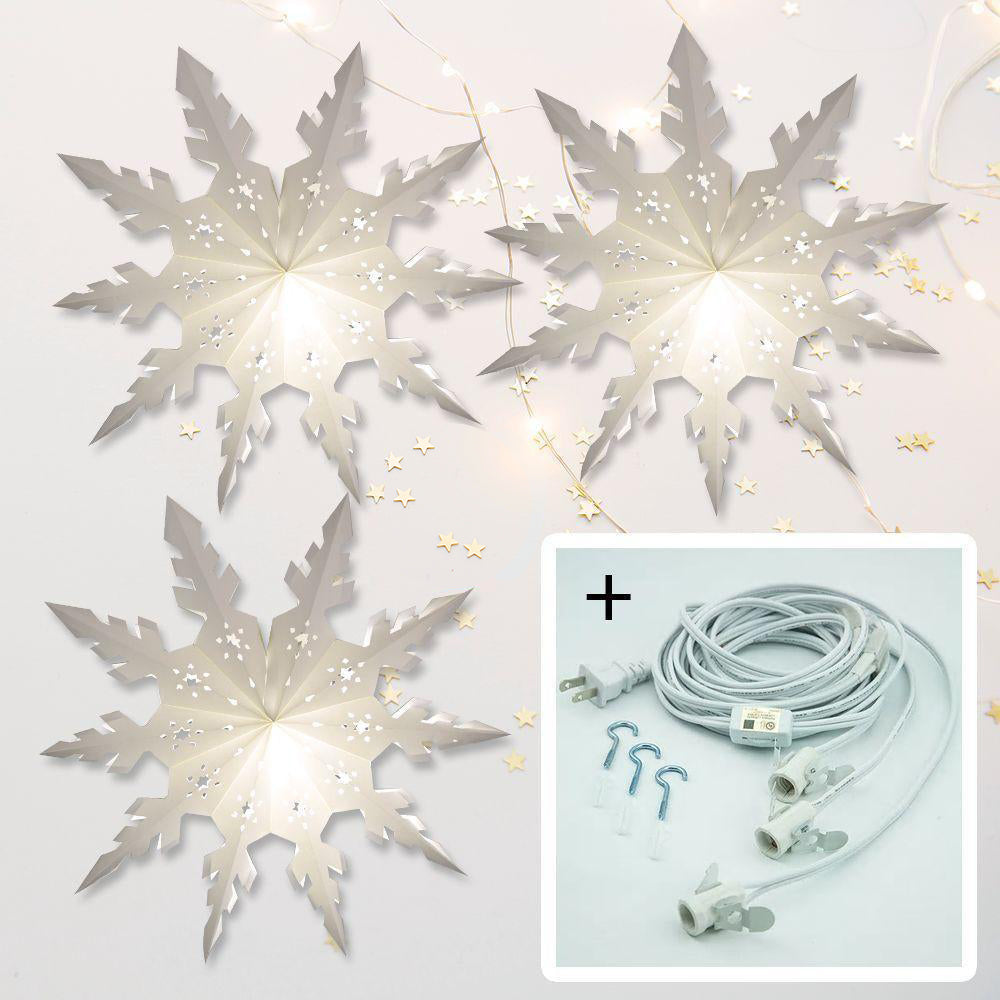 3-PACK + Cord | White Winter Peppermint 24&quot; Pizzelle Designer Illuminated Paper Star Lanterns and Lamp Cord Hanging Decorations - PaperLanternStore.com - Paper Lanterns, Decor, Party Lights &amp; More