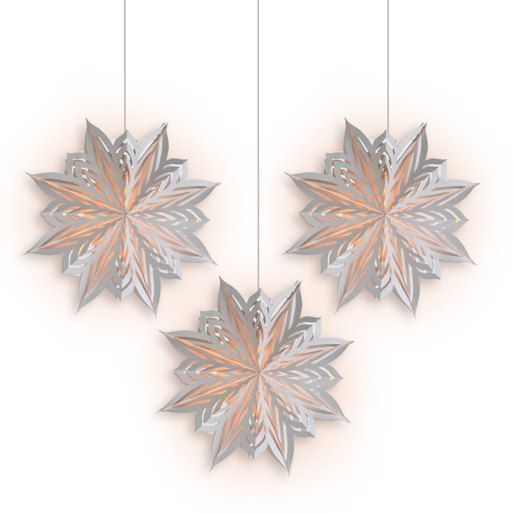 3-PACK + Cord | White Winter Rune 18" Pizzelle Designer Illuminated Paper Star Lanterns and Lamp Cord Hanging Decorations - PaperLanternStore.com - Paper Lanterns, Decor, Party Lights & More