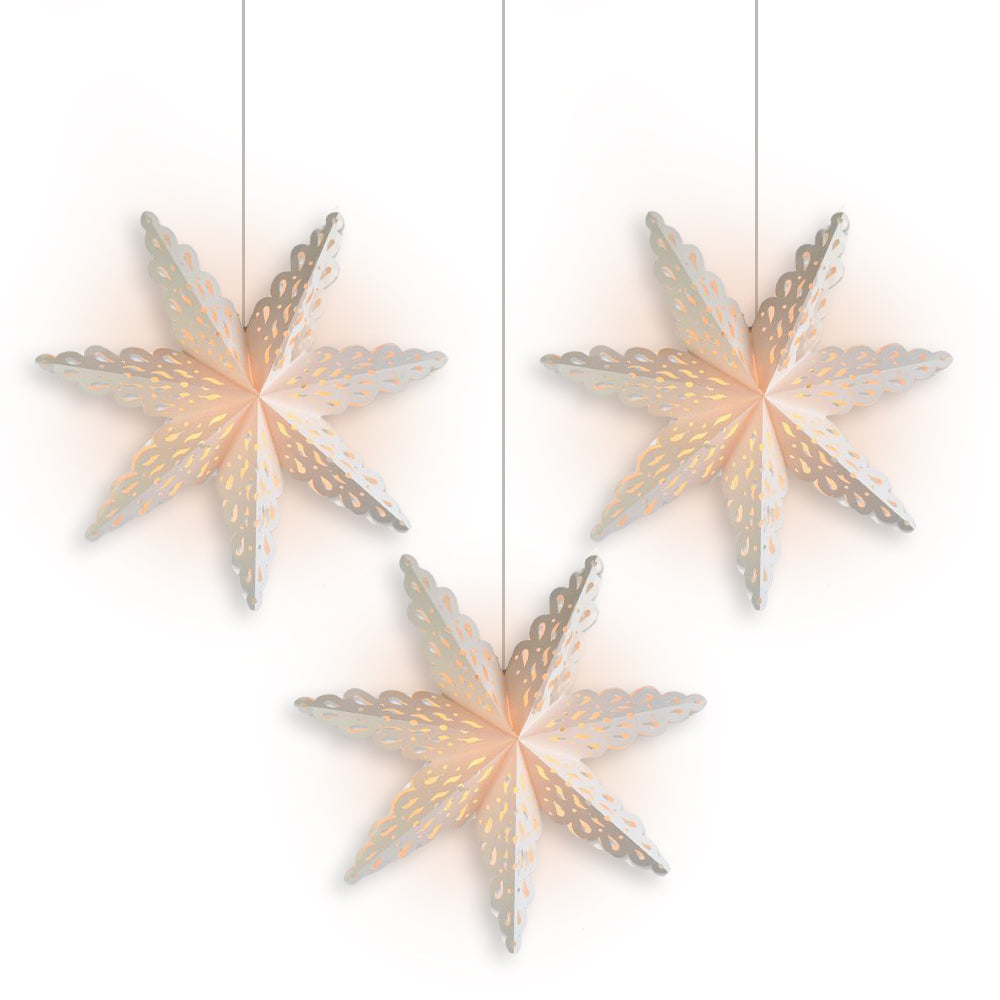 3-PACK + Cord | White Winter Holiday Spirit 24&quot; Pizzelle Designer Illuminated Paper Star Lanterns and Lamp Cord Hanging Decorations - PaperLanternStore.com - Paper Lanterns, Decor, Party Lights &amp; More