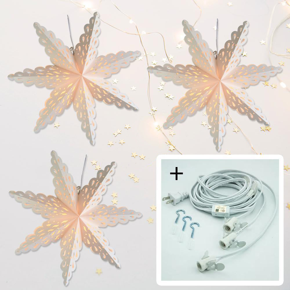 3-PACK + Cord | White Winter Holiday Spirit 32&quot; Pizzelle Designer Illuminated Paper Star Lanterns and Lamp Cord Hanging Decorations - PaperLanternStore.com - Paper Lanterns, Decor, Party Lights &amp; More
