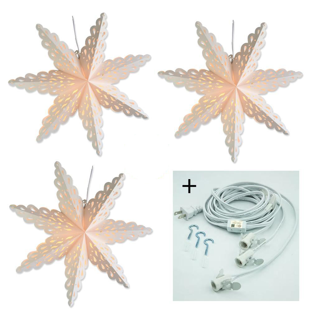 3-PACK + Cord | White Winter Holiday Spirit 24" Pizzelle Designer Illuminated Paper Star Lanterns and Lamp Cord Hanging Decorations - PaperLanternStore.com - Paper Lanterns, Decor, Party Lights & More