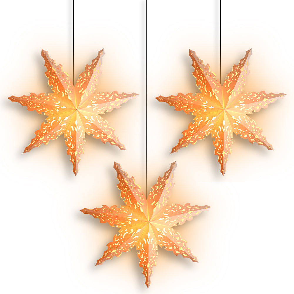 3-PACK 24&quot; White Winter North Star Pizzelle Designer Illuminated Paper Snowflake Lantern, with LED Bulbs and Lamp Cord Light Included