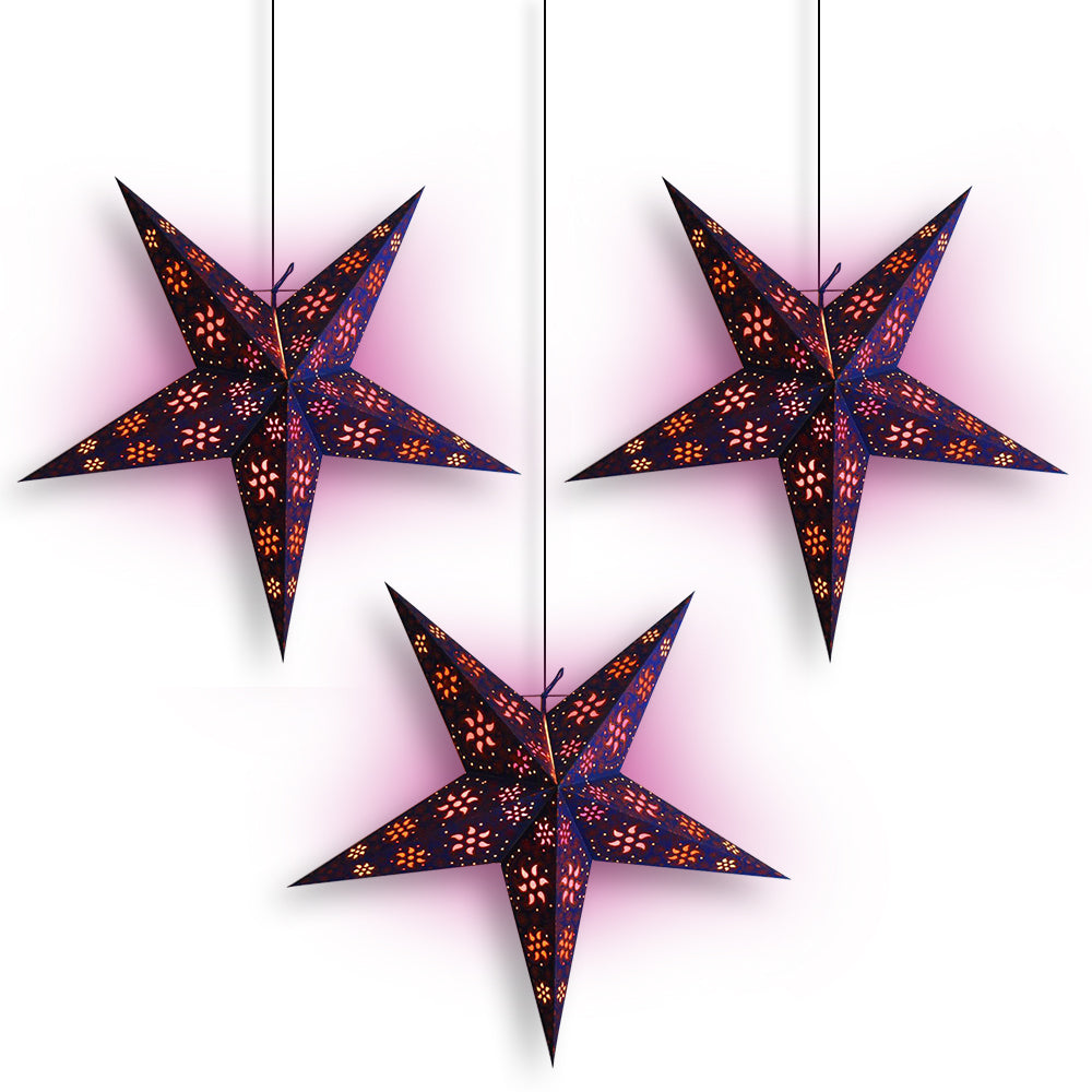 3-PACK 24&quot; Blue / Copper Glitter Winds Illuminated Paper Star Lantern, with LED Bulbs and Lamp Cord Light Included