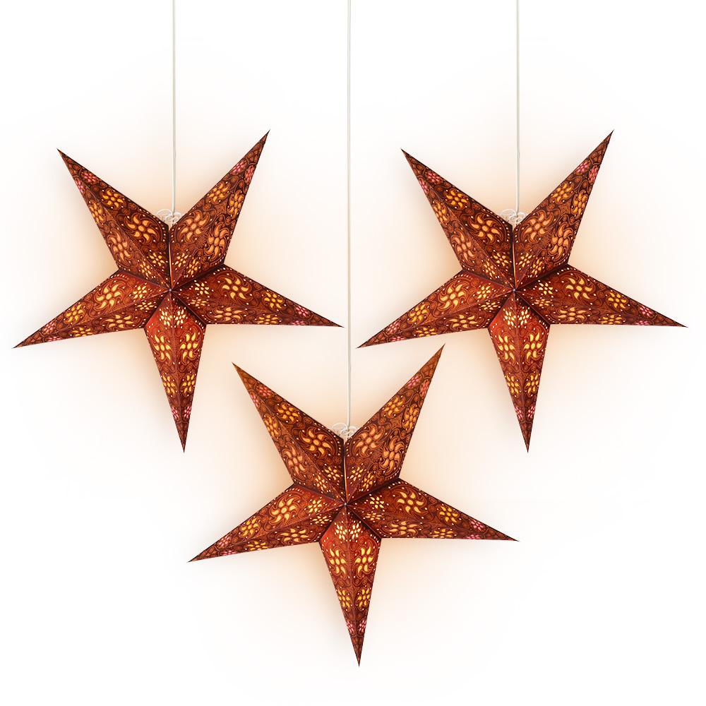 3-PACK + Cord | 24&quot; Brown Winds Glitter Paper Star Lantern and Lamp Cord Hanging Decoration - PaperLanternStore.com - Paper Lanterns, Decor, Party Lights &amp; More