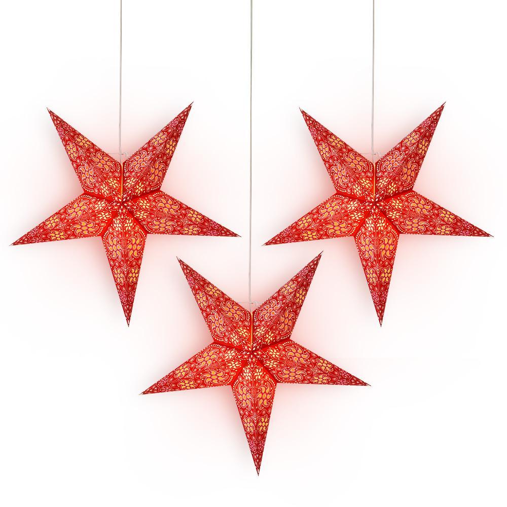 3-PACK + Cord | 24" Red Winds Paper Star Lantern and Lamp Cord Hanging Decoration - PaperLanternStore.com - Paper Lanterns, Decor, Party Lights & More