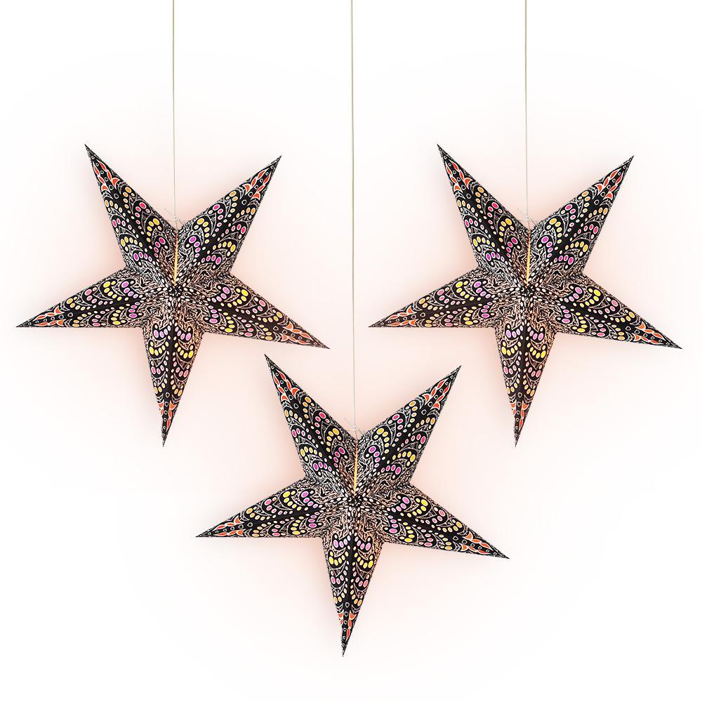 3-PACK + Cord | 24" Black Aloha Paper Star Lantern and Lamp Cord Hanging Decoration - PaperLanternStore.com - Paper Lanterns, Decor, Party Lights & More
