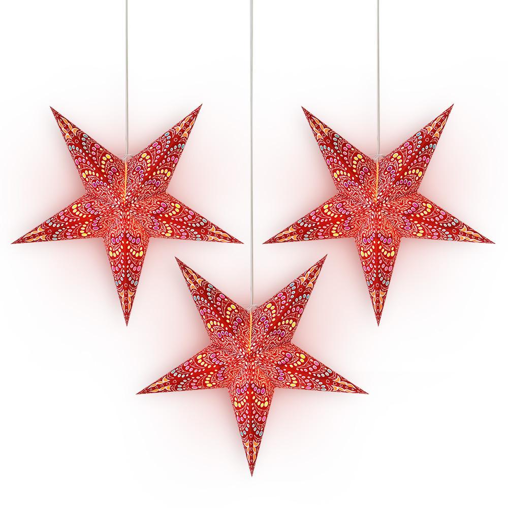 3-PACK + Cord | 24&quot; Red Aloha Paper Star Lantern and Lamp Cord Hanging Decoration - PaperLanternStore.com - Paper Lanterns, Decor, Party Lights &amp; More