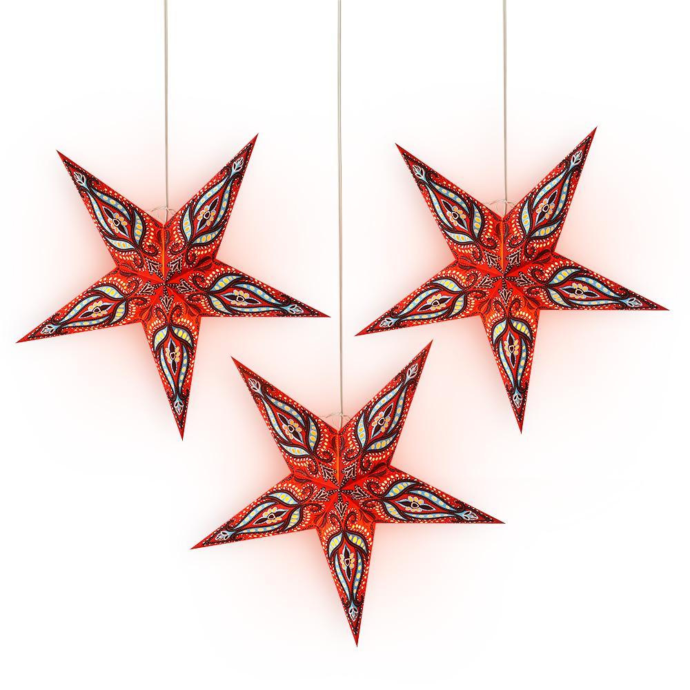 3-PACK + Cord | 24&quot; Red / Black Bloom Paper Star Lantern and Lamp Cord Hanging Decoration - PaperLanternStore.com - Paper Lanterns, Decor, Party Lights &amp; More