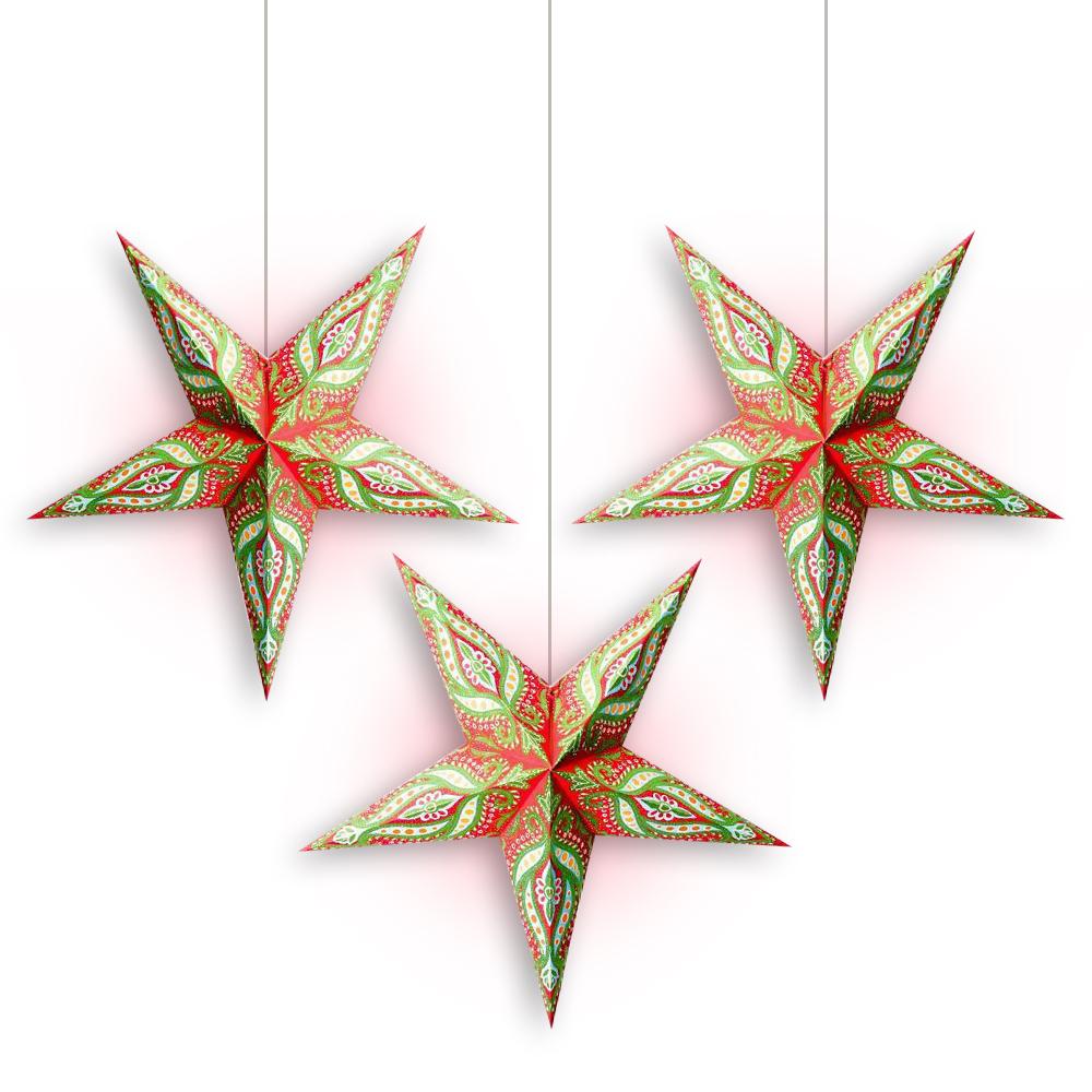 3-PACK + Cord | 24&quot; Red / Green Bloom Glitter Paper Star Lantern and Lamp Cord Hanging Decoration - PaperLanternStore.com - Paper Lanterns, Decor, Party Lights &amp; More