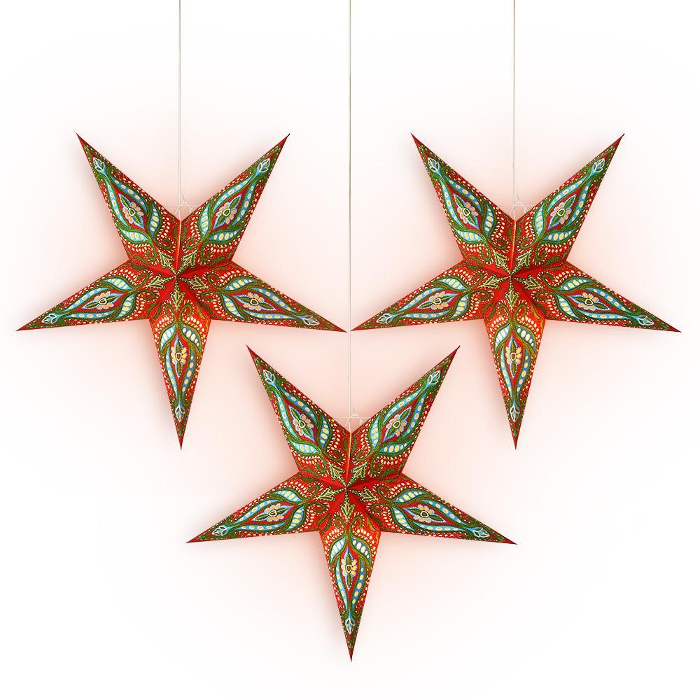 3-PACK + Cord | 24" Red / Green Bloom Glitter Paper Star Lantern and Lamp Cord Hanging Decoration - PaperLanternStore.com - Paper Lanterns, Decor, Party Lights & More