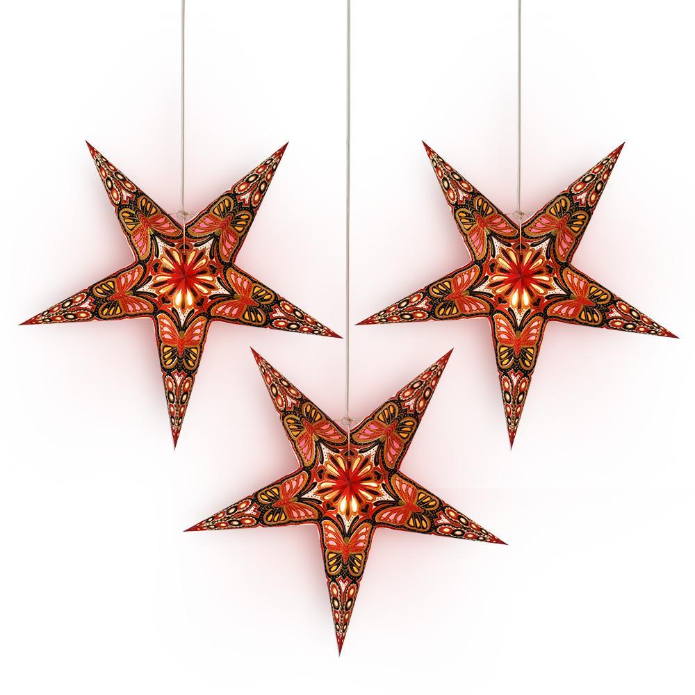 3-PACK + Cord | 24&quot; Red / Black Butterfly Glitter Paper Star Lantern and Lamp Cord Hanging Decoration - PaperLanternStore.com - Paper Lanterns, Decor, Party Lights &amp; More
