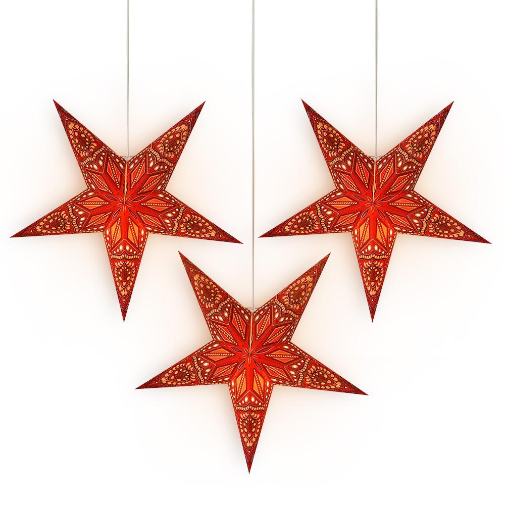 3-PACK + Cord | 24&quot; Red Crystal Paper Star Lantern and Lamp Cord Hanging Decoration - PaperLanternStore.com - Paper Lanterns, Decor, Party Lights &amp; More