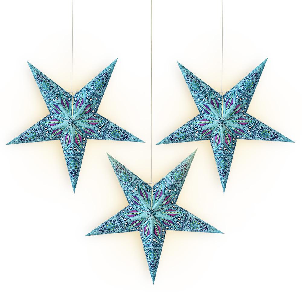 3-PACK + Cord | 24&quot; Turquoise Crystal Glitter Paper Star Lantern and Lamp Cord Hanging Decoration - PaperLanternStore.com - Paper Lanterns, Decor, Party Lights &amp; More