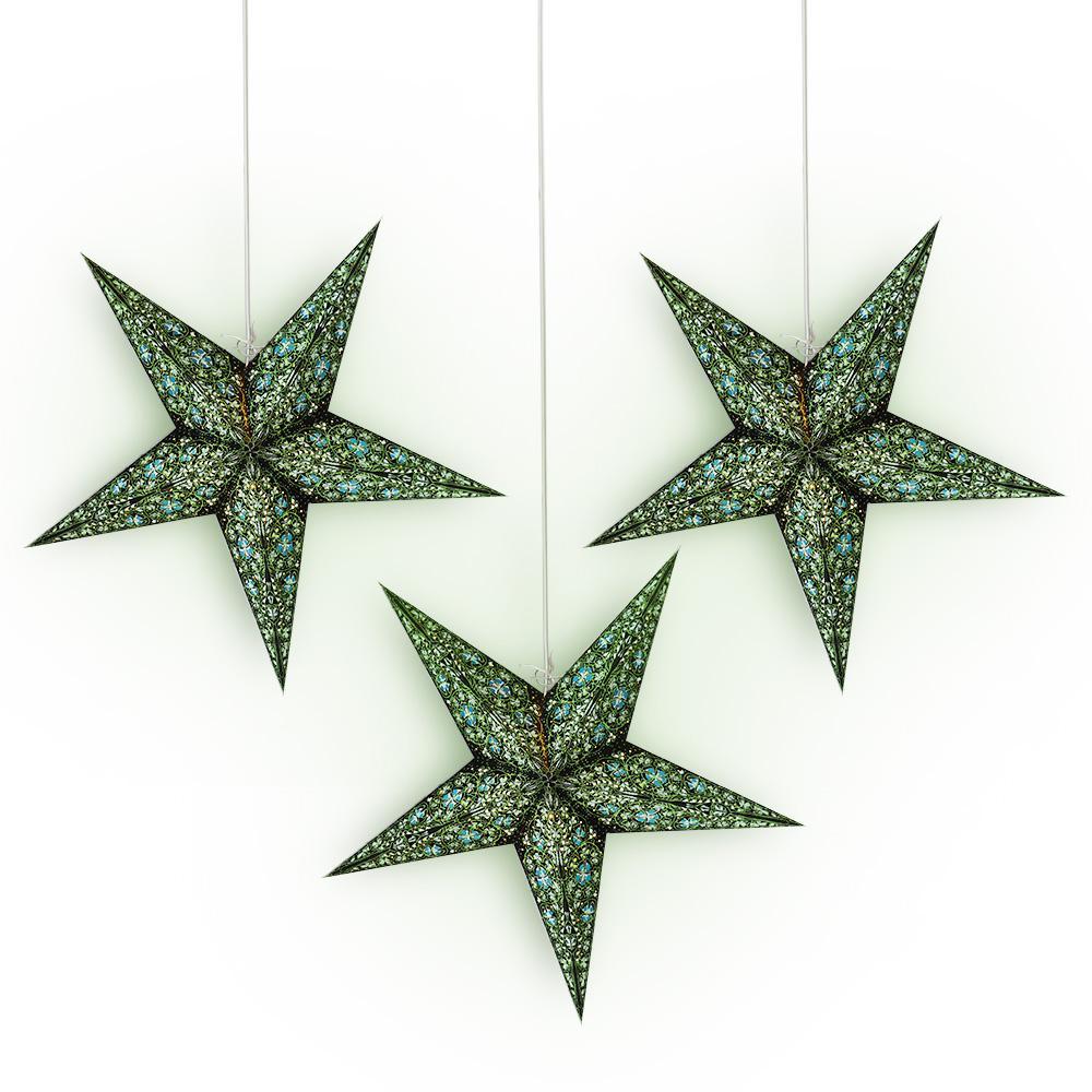 3-PACK + Cord | 24&quot; Green / Black Garden Paper Star Lantern and Lamp Cord Hanging Decoration - PaperLanternStore.com - Paper Lanterns, Decor, Party Lights &amp; More