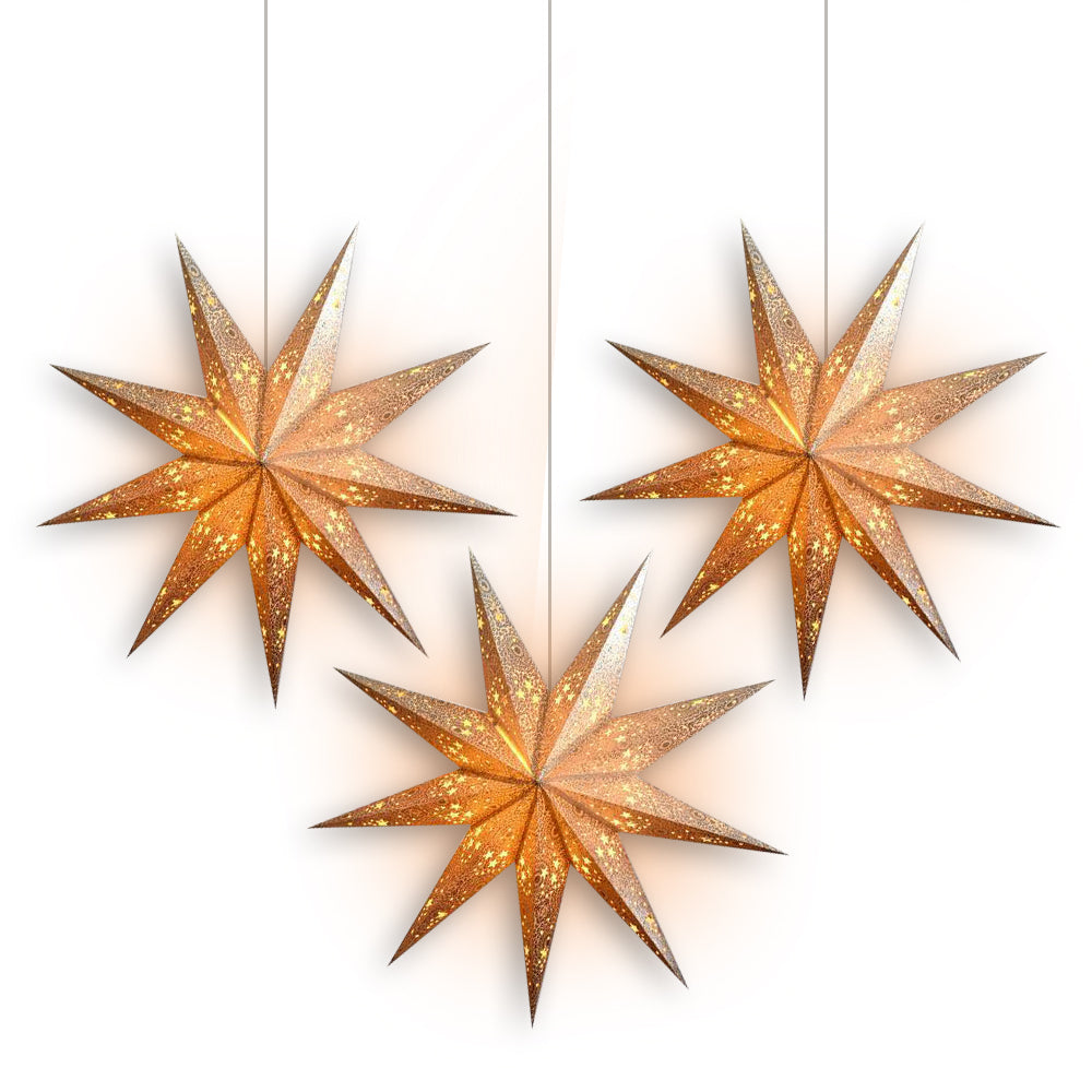 3-PACK + Cord | 9 Point Silver Diamonds Glitter 24&quot; Illuminated Paper Star Lanterns and Lamp Cord Hanging Decorations - PaperLanternStore.com - Paper Lanterns, Decor, Party Lights &amp; More