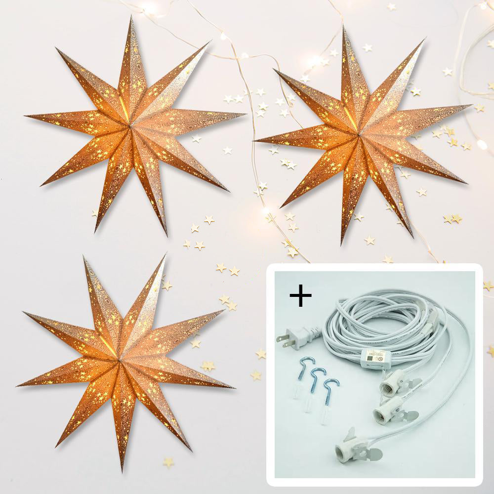 3-PACK + Cord | 9 Point Silver Diamonds Glitter 24&quot; Illuminated Paper Star Lanterns and Lamp Cord Hanging Decorations - PaperLanternStore.com - Paper Lanterns, Decor, Party Lights &amp; More