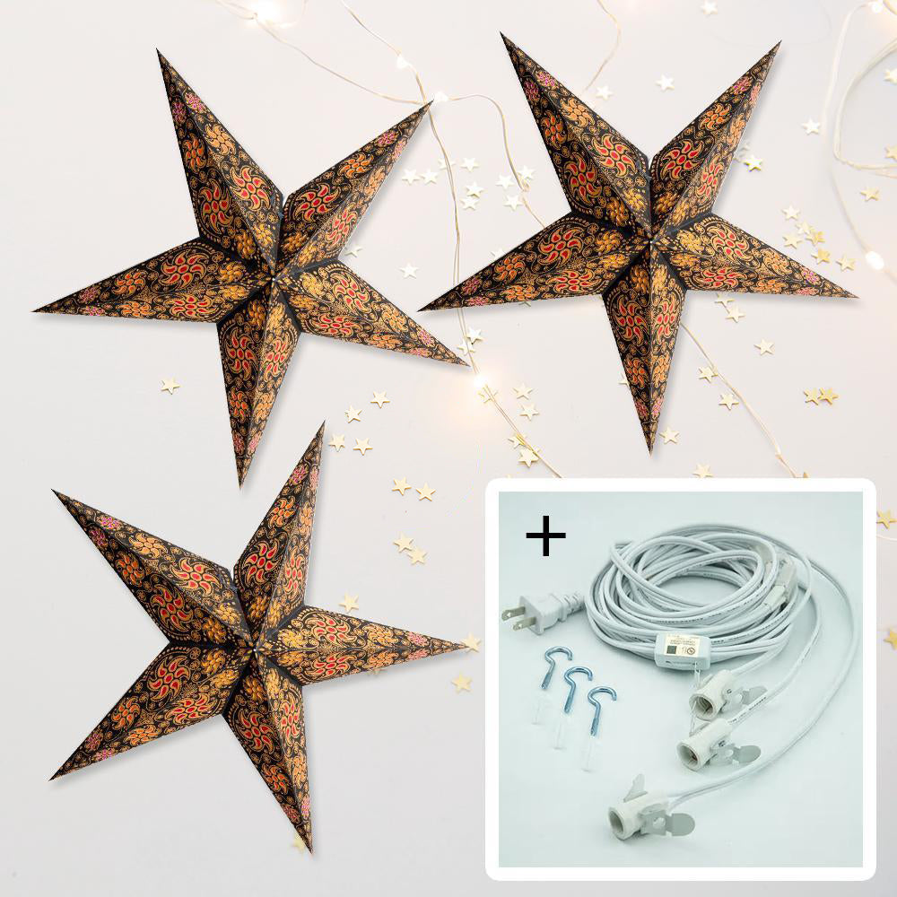 3-PACK + Cord | Black Winds Glitter 24&quot; Illuminated Paper Star Lanterns and Lamp Cord Hanging Decorations - PaperLanternStore.com - Paper Lanterns, Decor, Party Lights &amp; More