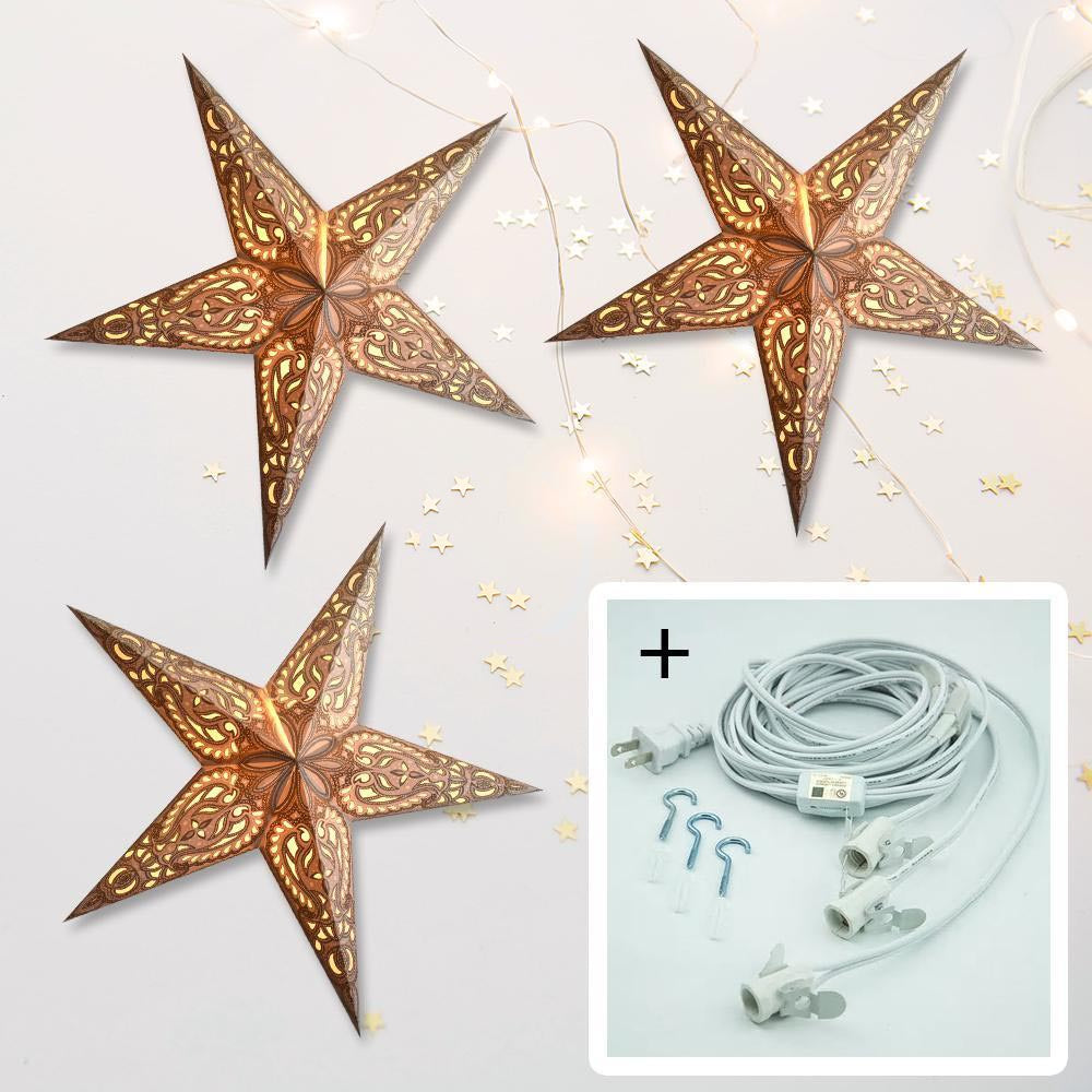3-PACK + Cord | Gold Alaskan Glitter 24&quot; Illuminated Paper Star Lanterns and Lamp Cord Hanging Decorations - PaperLanternStore.com - Paper Lanterns, Decor, Party Lights &amp; More