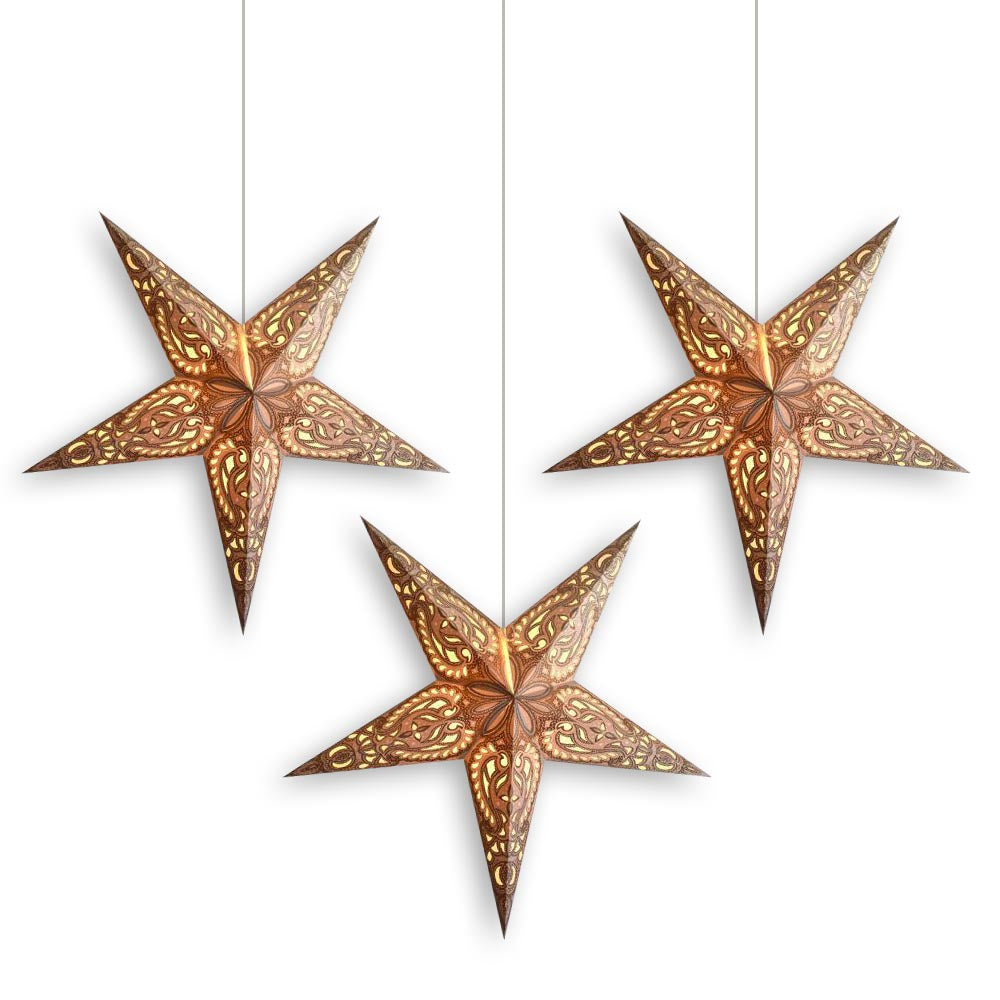 3-PACK + Cord | Gold Alaskan Glitter 24&quot; Illuminated Paper Star Lanterns and Lamp Cord Hanging Decorations - PaperLanternStore.com - Paper Lanterns, Decor, Party Lights &amp; More