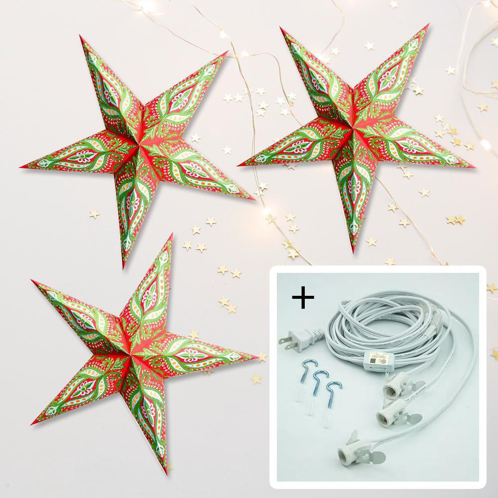 3-PACK + Cord | Red and Green Dragon Glitter 24&quot; Illuminated Paper Star Lanterns and Lamp Cord Hanging Decorations - PaperLanternStore.com - Paper Lanterns, Decor, Party Lights &amp; More