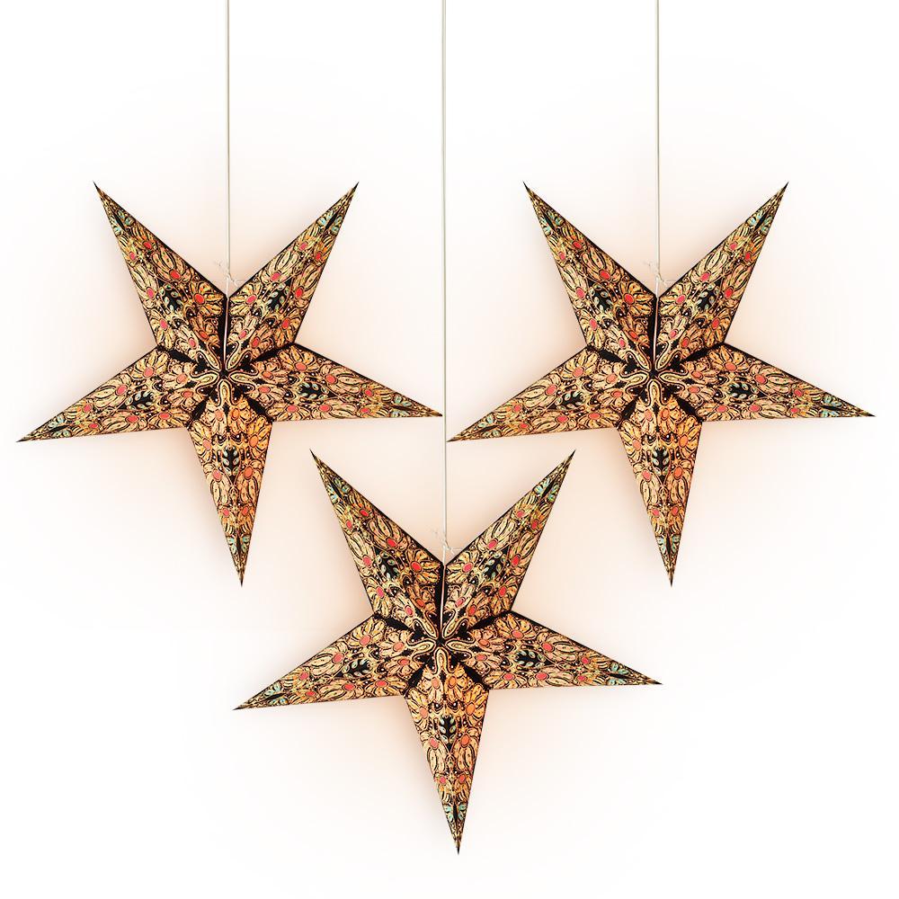 3-PACK + Cord | 24&quot; Black / Gold Marine Paper Star Lantern and Lamp Cord Hanging Decoration - PaperLanternStore.com - Paper Lanterns, Decor, Party Lights &amp; More