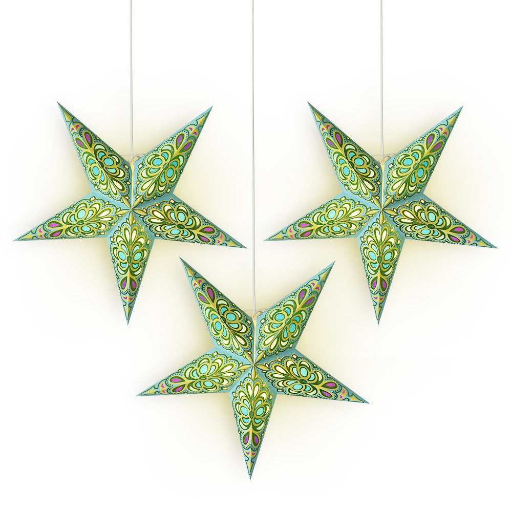 3-PACK + Cord | Green / Turquoise Merry Glitter 24&quot; Illuminated Paper Star Lanterns and Lamp Cord Hanging Decorations - PaperLanternStore.com - Paper Lanterns, Decor, Party Lights &amp; More