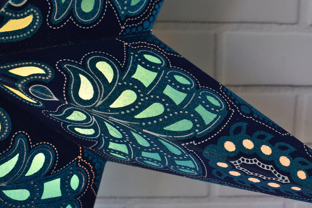 3-PACK + Cord | Blue Monarch Glitter 24&quot; Illuminated Paper Star Lanterns and Lamp Cord Hanging Decorations - PaperLanternStore.com - Paper Lanterns, Decor, Party Lights &amp; More