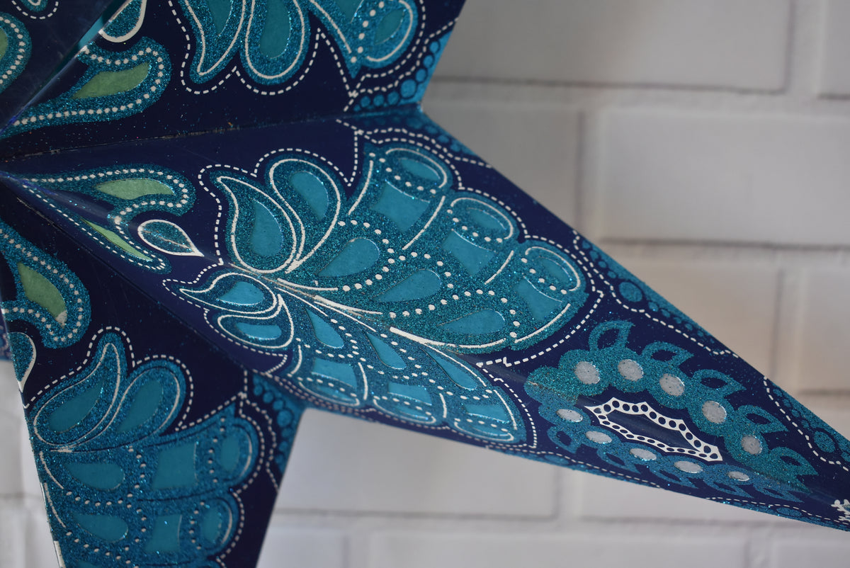 3-PACK + Cord | Blue Monarch Glitter 24&quot; Illuminated Paper Star Lanterns and Lamp Cord Hanging Decorations - PaperLanternStore.com - Paper Lanterns, Decor, Party Lights &amp; More