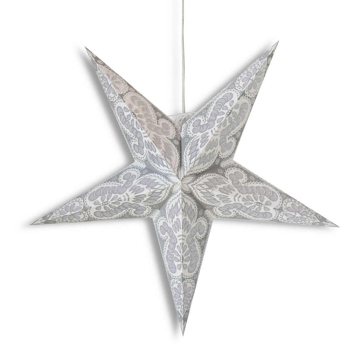 3-PACK + Cord | 24&quot; White Peacock Glitter Paper Star Lantern and Lamp Cord Hanging Decoration - PaperLanternStore.com - Paper Lanterns, Decor, Party Lights &amp; More
