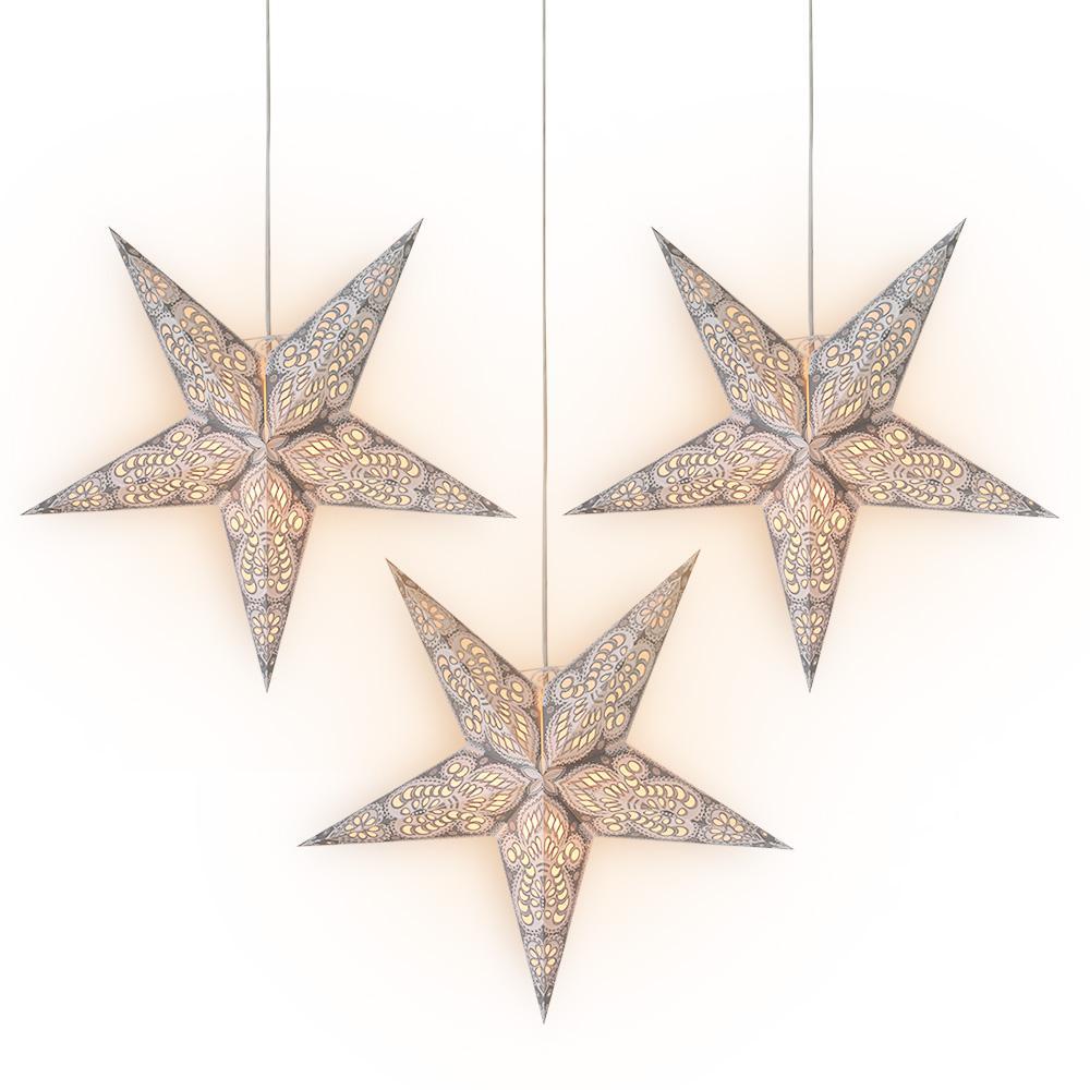 3-PACK + Cord | 24&quot; White Peacock Glitter Paper Star Lantern and Lamp Cord Hanging Decoration - PaperLanternStore.com - Paper Lanterns, Decor, Party Lights &amp; More