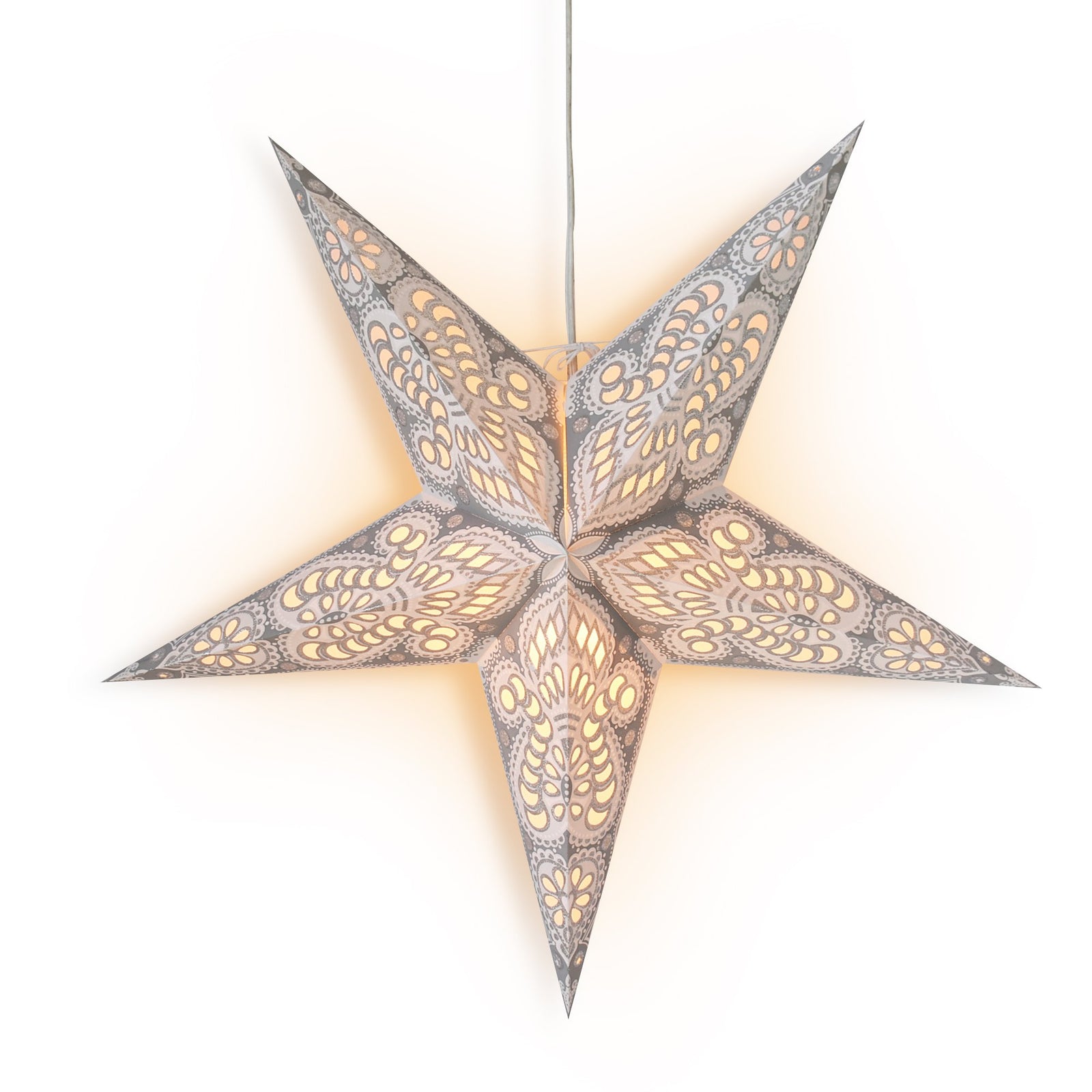 24" White Peacock Glitter Paper Star Lantern, Hanging Wedding & Party Decoration - PaperLanternStore.com - Paper Lanterns, Decor, Party Lights & More