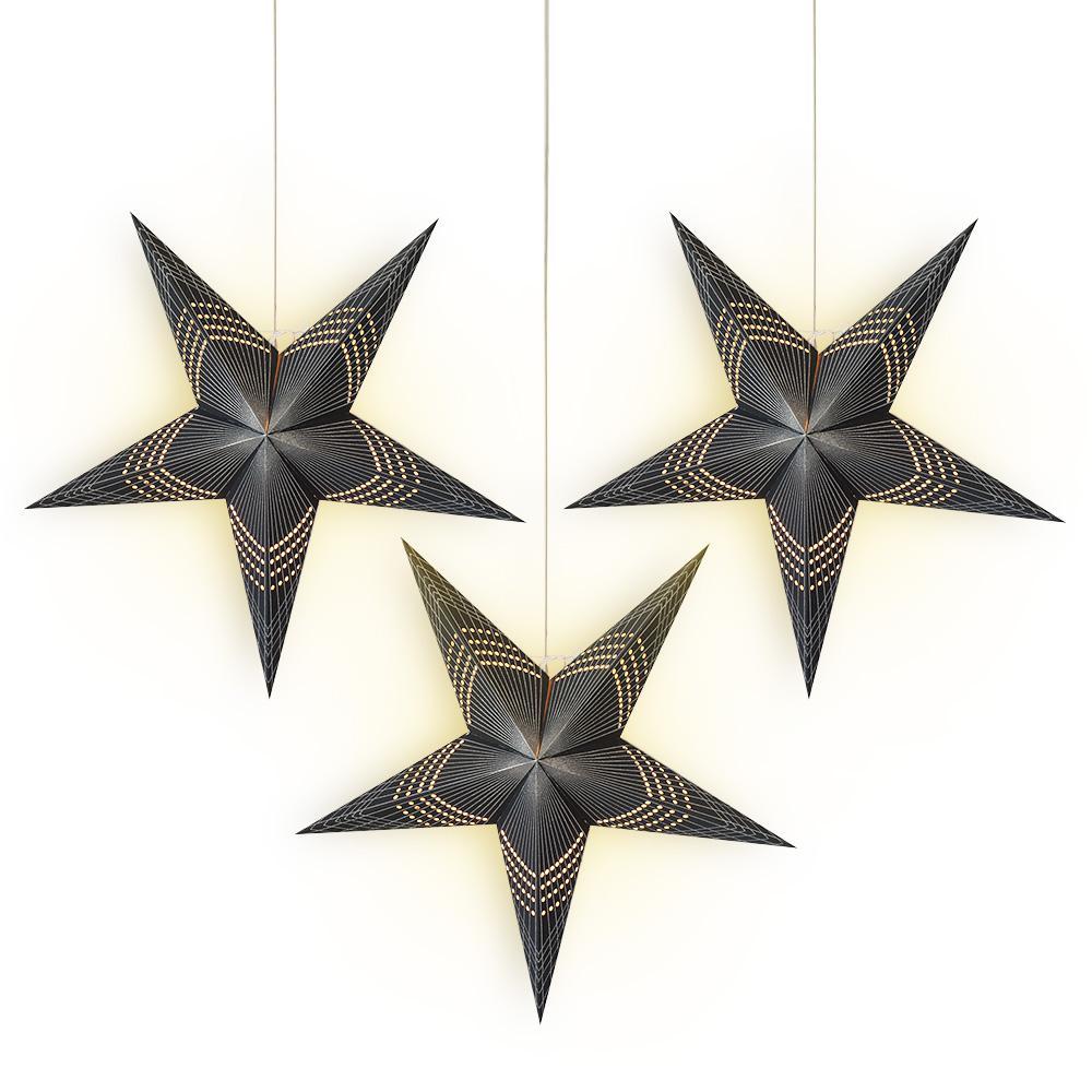 3-PACK + Cord | 24&quot; Black Prism Glitter Paper Star Lantern and Lamp Cord Hanging Decoration - PaperLanternStore.com - Paper Lanterns, Decor, Party Lights &amp; More