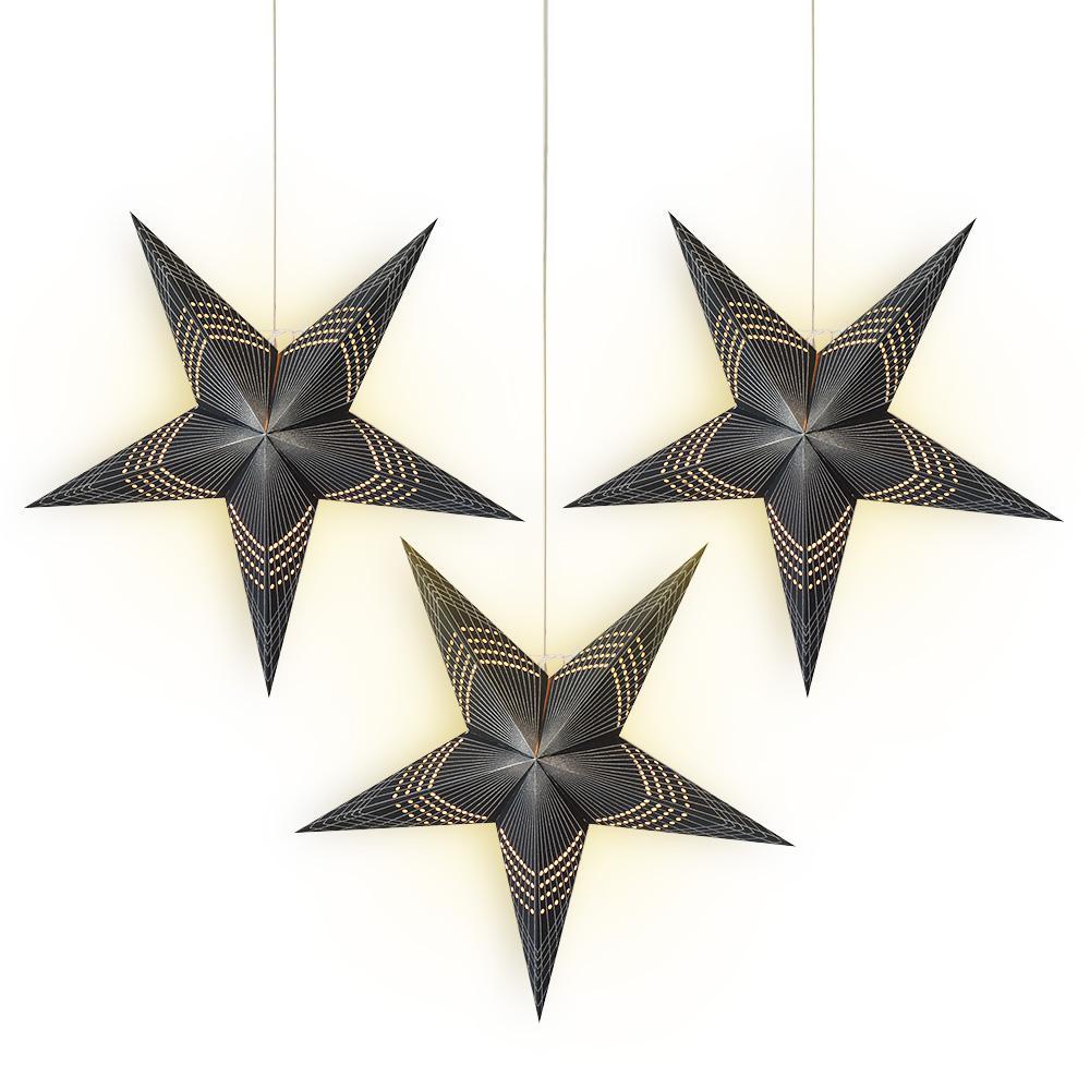 3-PACK + Cord | 24" Black Prism Glitter Paper Star Lantern and Lamp Cord Hanging Decoration - PaperLanternStore.com - Paper Lanterns, Decor, Party Lights & More