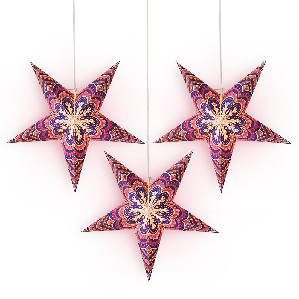 3-PACK + Cord | 24" Purple Snowflake Paper Star Lantern and Lamp Cord Hanging Decoration - PaperLanternStore.com - Paper Lanterns, Decor, Party Lights & More