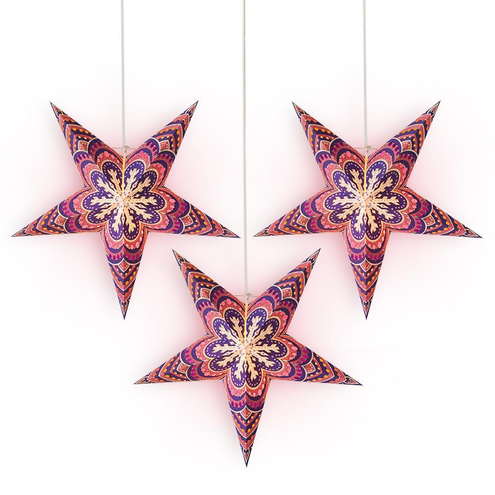 3-PACK + Cord | 24" Purple Snowflake Paper Star Lantern and Lamp Cord Hanging Decoration - PaperLanternStore.com - Paper Lanterns, Decor, Party Lights & More