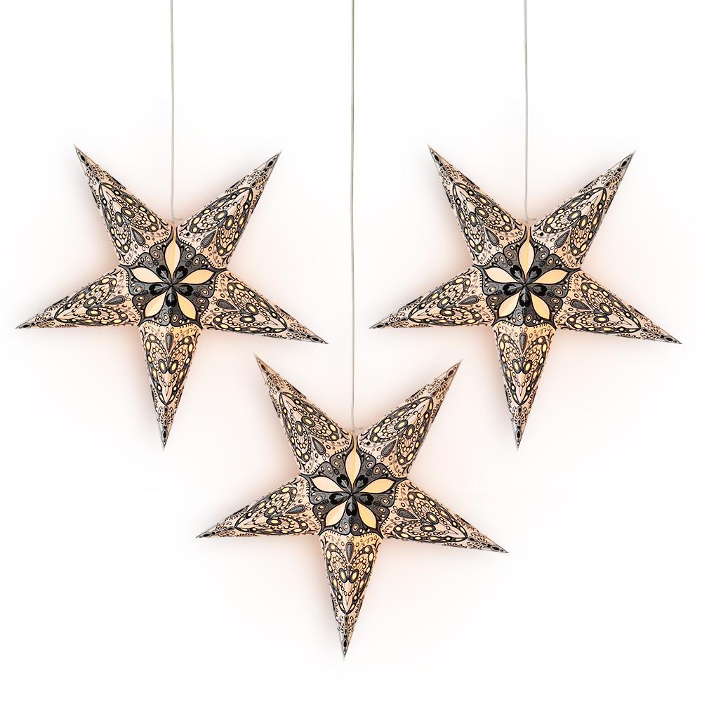 3-PACK + Cord | 24&quot; White Victoria Glitter Paper Star Lantern and Lamp Cord Hanging Decoration - PaperLanternStore.com - Paper Lanterns, Decor, Party Lights &amp; More