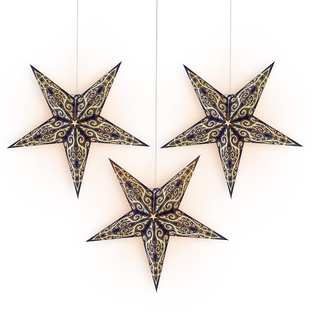 3-PACK + CORD + BULBS | 24&quot; Blue Vines Paper Star Lantern and Lamp Cord Hanging Decoration