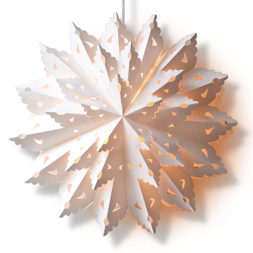 3-PACK + Cord | Bright White Blizzard Wreath 22&quot; Pizzelle Designer Illuminated Paper Star Lanterns and Lamp Cord Hanging Decorations - PaperLanternStore.com - Paper Lanterns, Decor, Party Lights &amp; More