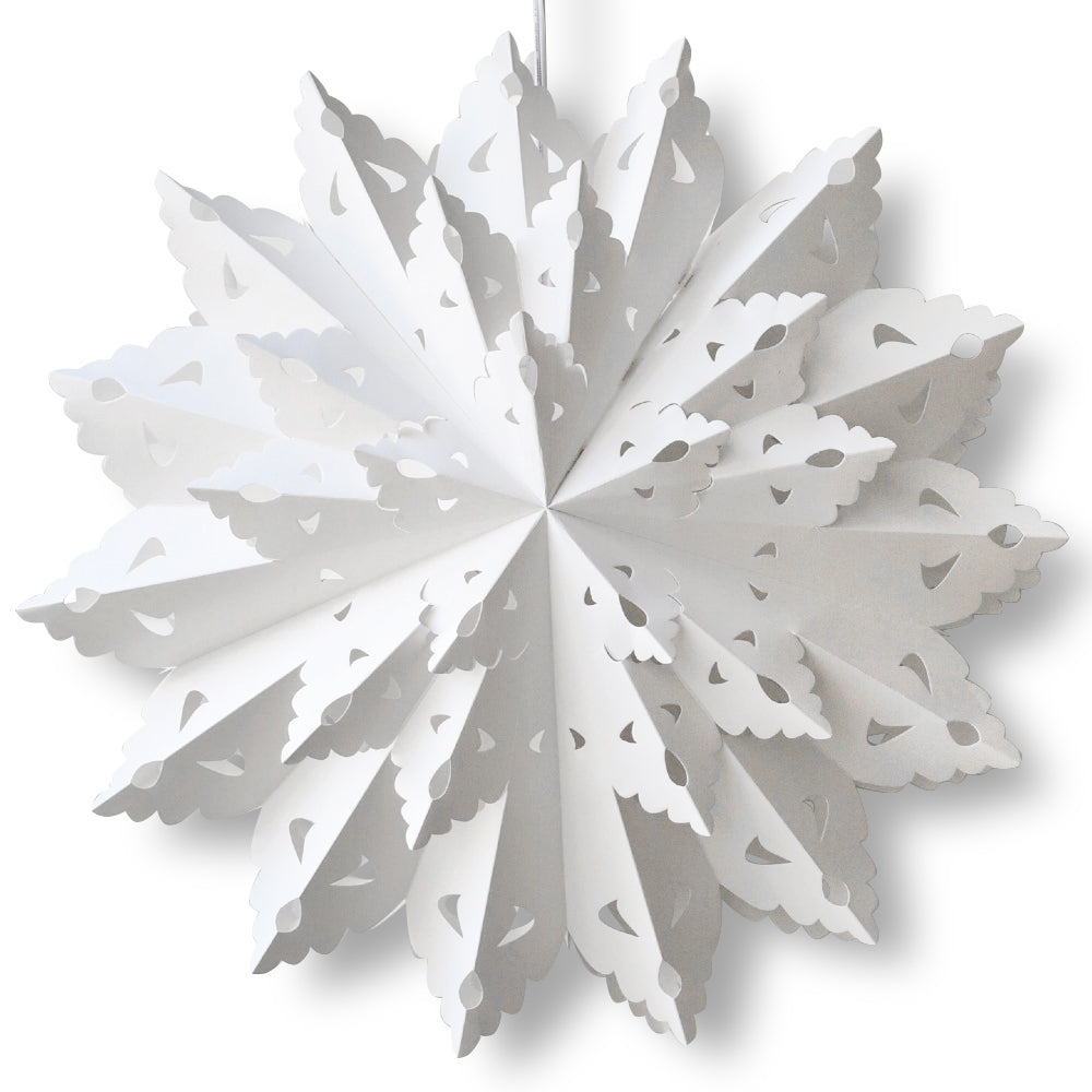 3-PACK + Cord | Bright White Blizzard Wreath 22&quot; Pizzelle Designer Illuminated Paper Star Lanterns and Lamp Cord Hanging Decorations - PaperLanternStore.com - Paper Lanterns, Decor, Party Lights &amp; More