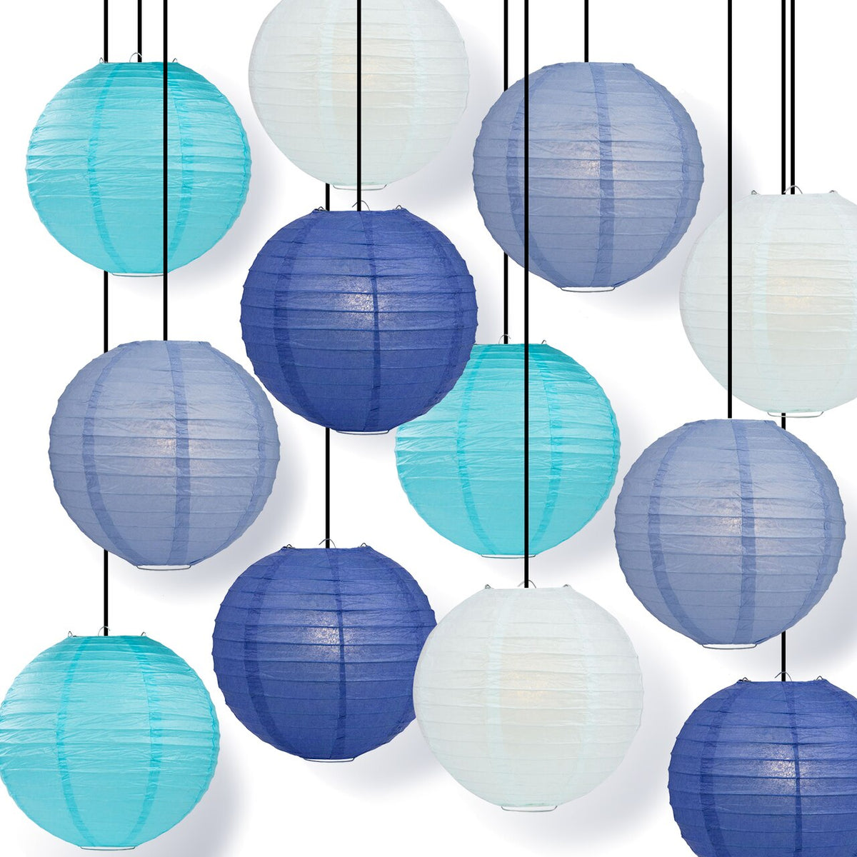 12-Pack of 8 Inch Multicolor Blue Even Ribbing Paper Lanterns Party Pack
