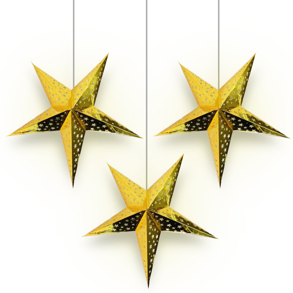 3-PACK Gold Starry Night 26&quot; Illuminated Paper Star Lanterns Hanging Decorations