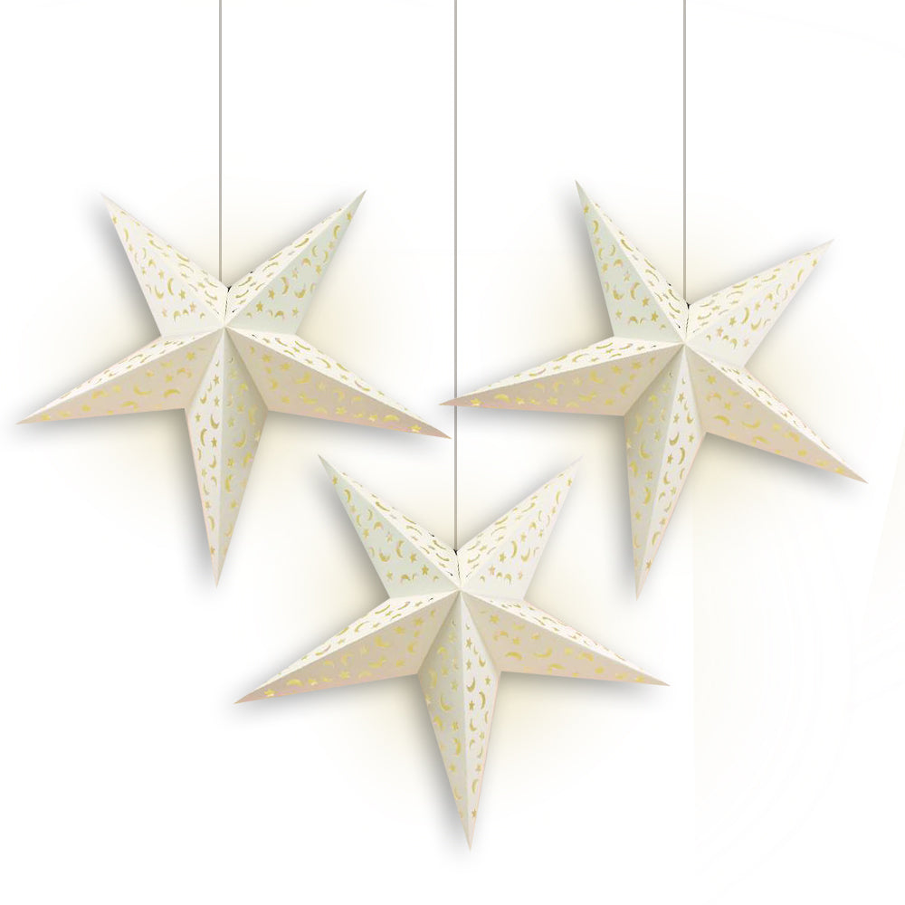 3-PACK White Moon and Stars 24&quot; Illuminated Paper Star Lanterns Hanging Decorations