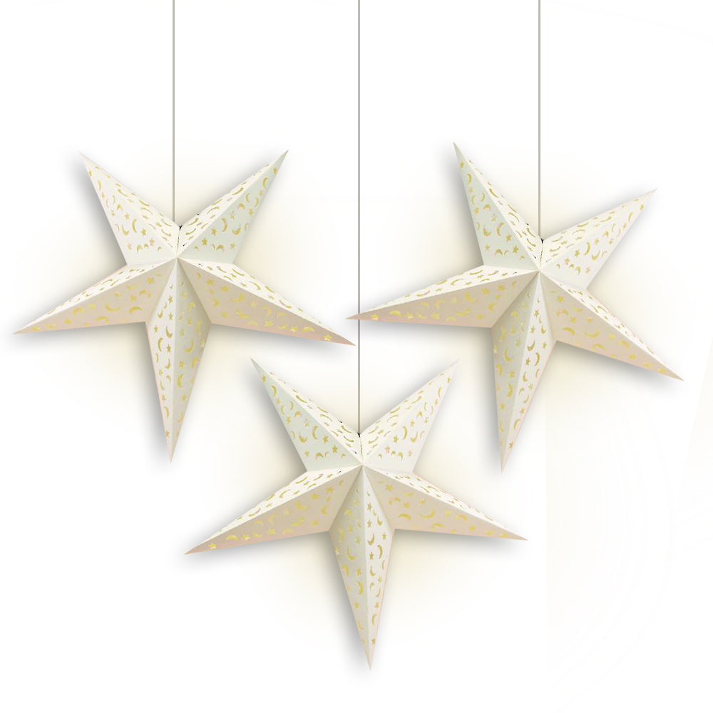 3-PACK + Cord | White Moon and Stars 24&quot; Illuminated Paper Star Lanterns and Lamp Cord Hanging Decorations - PaperLanternStore.com - Paper Lanterns, Decor, Party Lights &amp; More