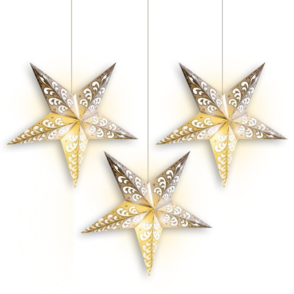 3-PACK + Cord | Silver Glitter Wave 24&quot; Illuminated Paper Star Lanterns and Lamp Cord Hanging Decorations - PaperLanternStore.com - Paper Lanterns, Decor, Party Lights &amp; More